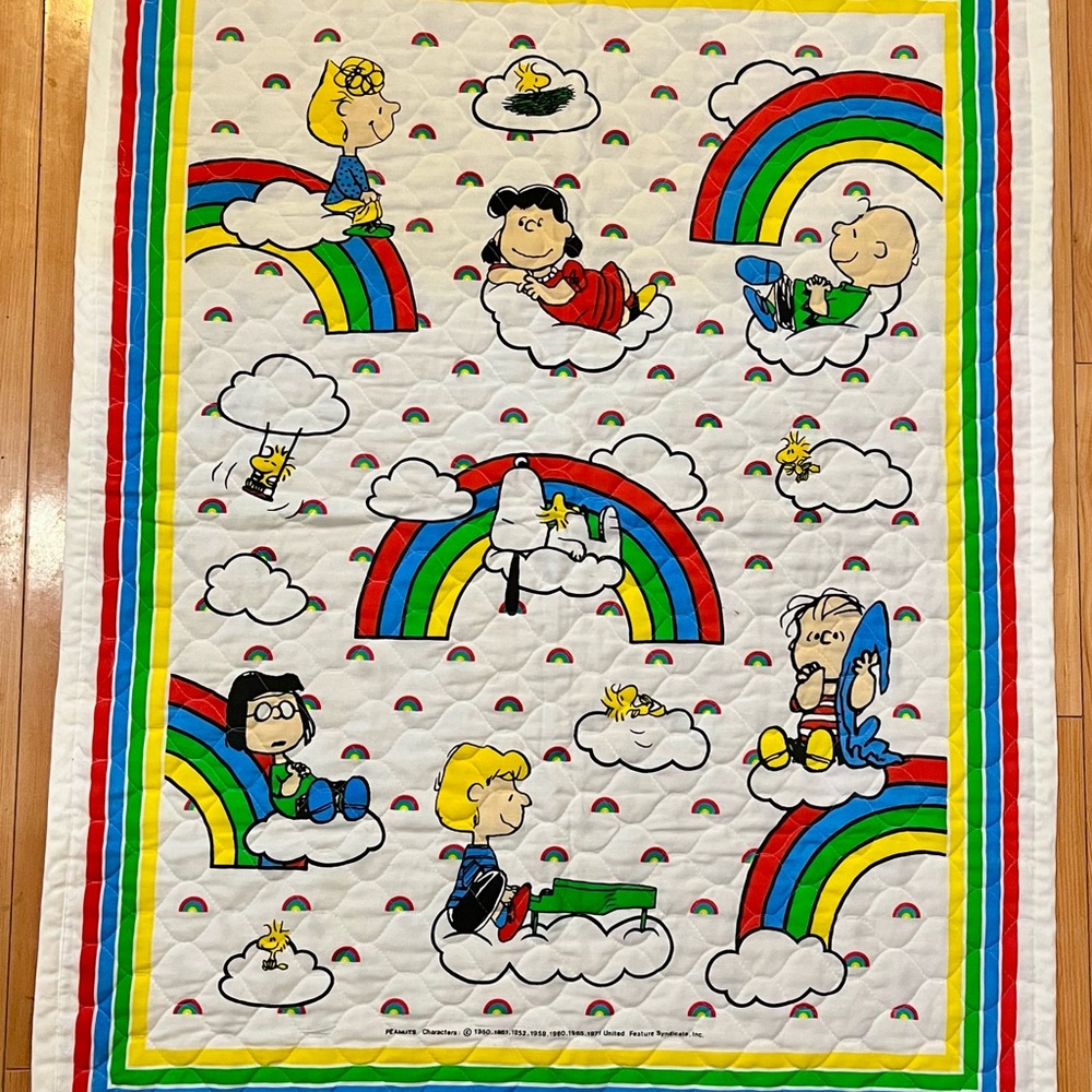 Vintage Handmade 1971 Snoopy Charlie Brown Crib Blanket Quilt Nursery Rainbow